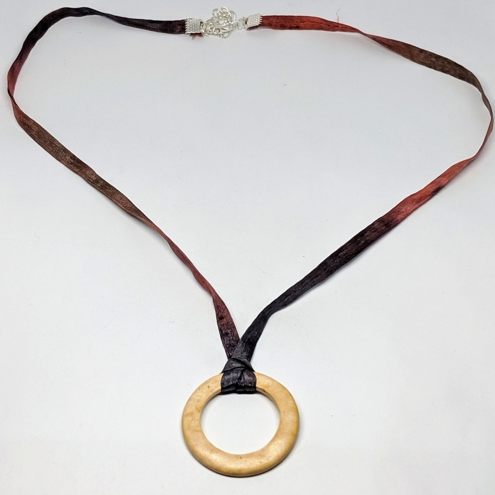 Handmade Necklace, Wood Ring Pendant on Silk